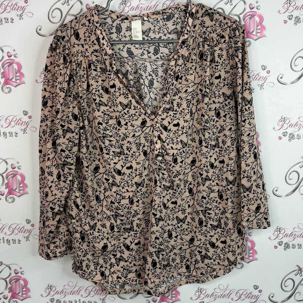 H&M button up long sleeve owls birds butterfly 🦋 Floral Print Women's Top